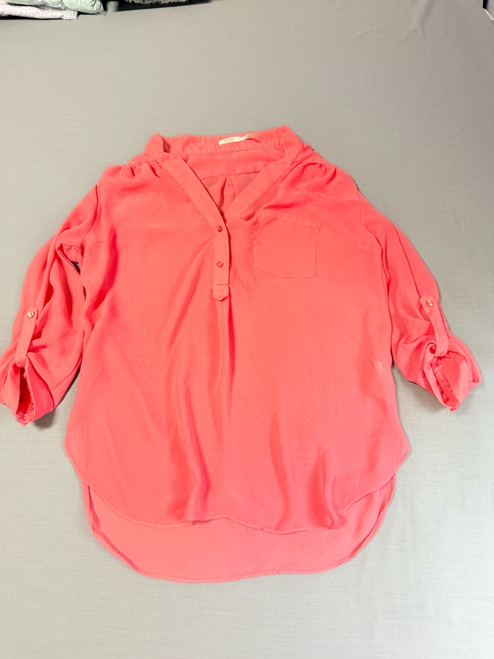Poetry Coral Pink Georgette Roll Tab 3/4 Sleeve Blouse Top V-Neck Sz Large